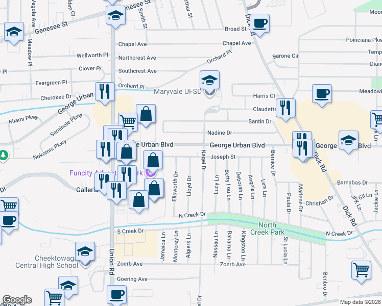 map of restaurants, bars, coffee shops, grocery stores, and more near 55 Joseph Street in Buffalo