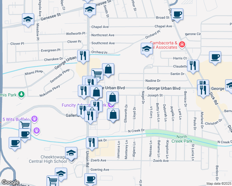 map of restaurants, bars, coffee shops, grocery stores, and more near 19 Wellington Road in Cheektowaga