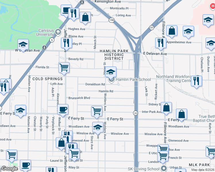 map of restaurants, bars, coffee shops, grocery stores, and more near 122 Hamlin Road in Buffalo
