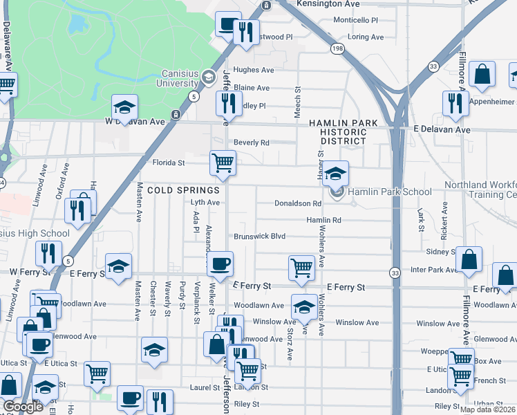 map of restaurants, bars, coffee shops, grocery stores, and more near in Buffalo