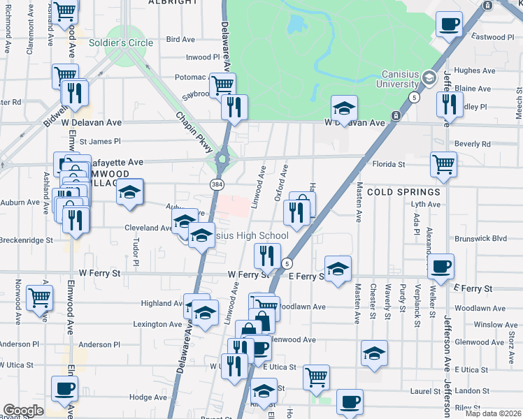 map of restaurants, bars, coffee shops, grocery stores, and more near 573 Linwood Avenue in Buffalo