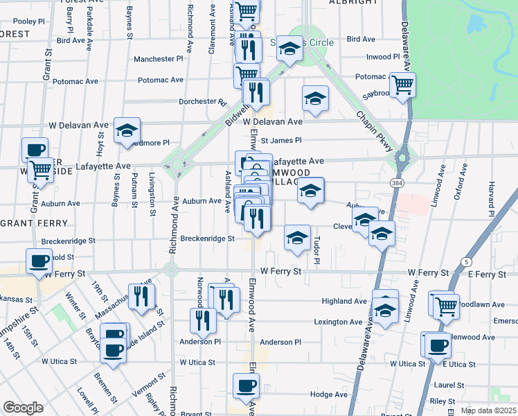 map of restaurants, bars, coffee shops, grocery stores, and more near 189 Cleveland Avenue in Buffalo