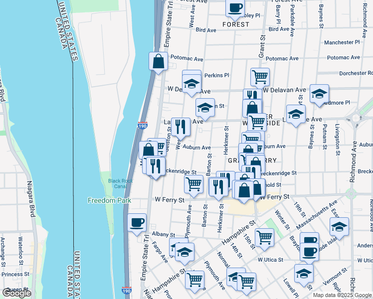 map of restaurants, bars, coffee shops, grocery stores, and more near 1019 West Avenue in Buffalo