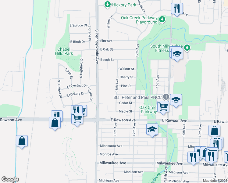 map of restaurants, bars, coffee shops, grocery stores, and more near 1300 18th Avenue in South Milwaukee