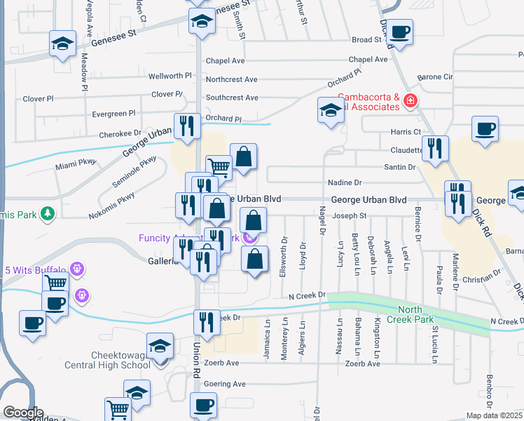 map of restaurants, bars, coffee shops, grocery stores, and more near 19 Wellington Road in Cheektowaga