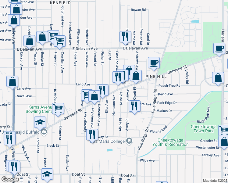 map of restaurants, bars, coffee shops, grocery stores, and more near Genesee Street & Humason Avenue in Buffalo
