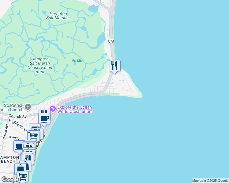 map of restaurants, bars, coffee shops, grocery stores, and more near 11 Great Boars Head Avenue in Hampton