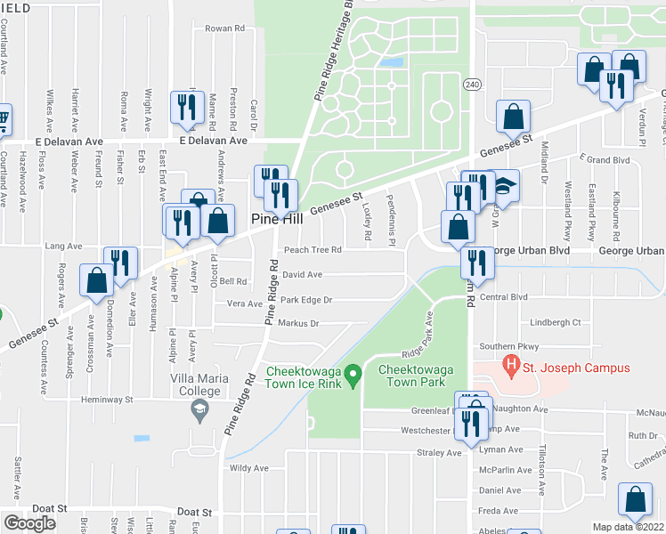 map of restaurants, bars, coffee shops, grocery stores, and more near 74 David Avenue in Buffalo