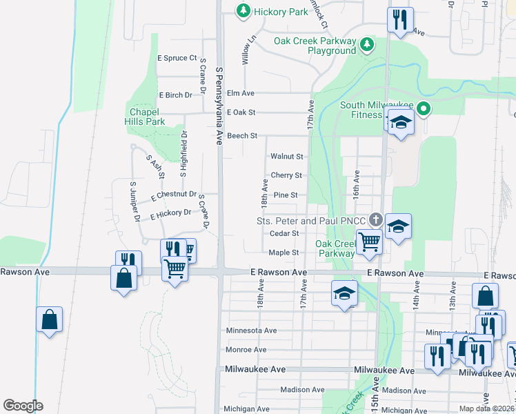 map of restaurants, bars, coffee shops, grocery stores, and more near 1300 18th Avenue in South Milwaukee
