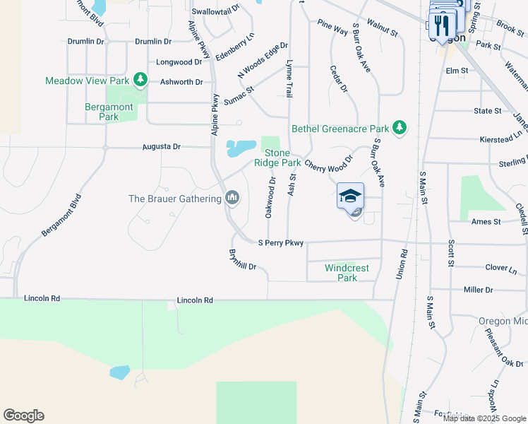 map of restaurants, bars, coffee shops, grocery stores, and more near 545 Oakwood Drive in Oregon