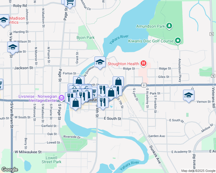 map of restaurants, bars, coffee shops, grocery stores, and more near 116 Fifth Street in Stoughton