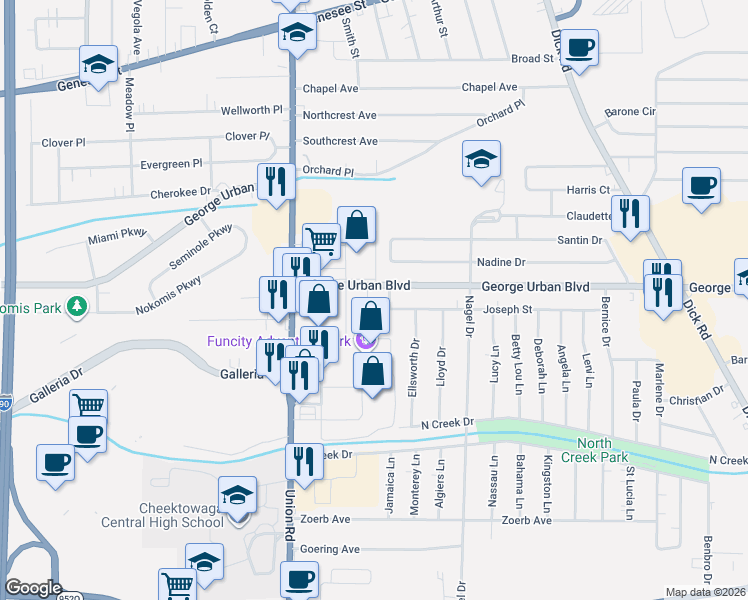 map of restaurants, bars, coffee shops, grocery stores, and more near 207 Arthur Musarra Parkway in Buffalo