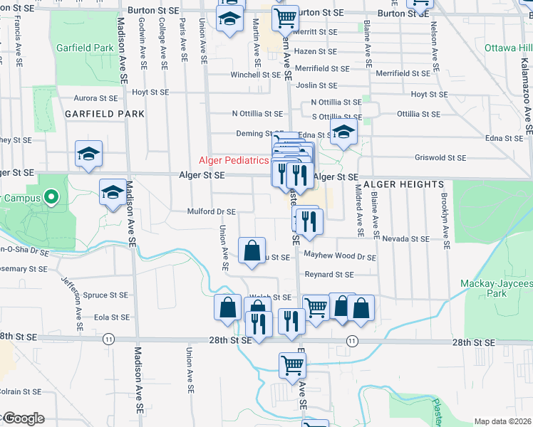 map of restaurants, bars, coffee shops, grocery stores, and more near 726 Mulford Drive Southeast in Grand Rapids
