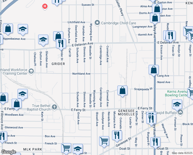 map of restaurants, bars, coffee shops, grocery stores, and more near 125 Wyoming Avenue in Buffalo