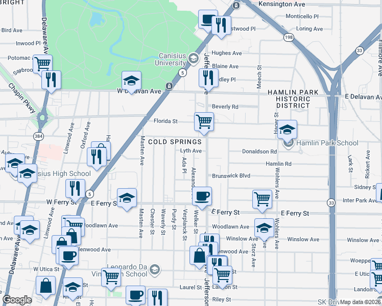 map of restaurants, bars, coffee shops, grocery stores, and more near 93 Alexander Place in Buffalo