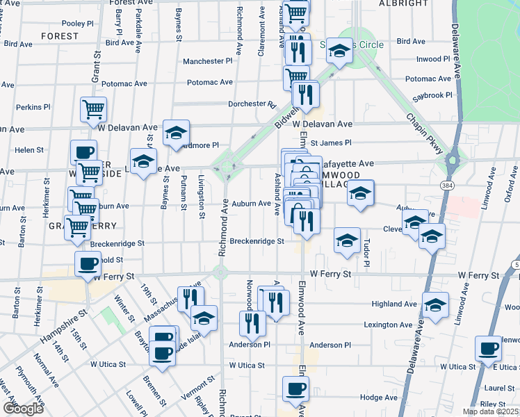 map of restaurants, bars, coffee shops, grocery stores, and more near 480 Ashland Avenue in Buffalo