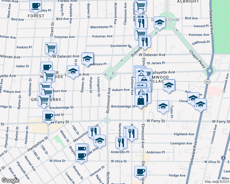 map of restaurants, bars, coffee shops, grocery stores, and more near 480 Norwood Avenue in Buffalo