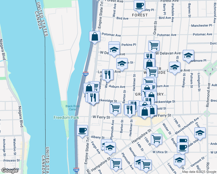 map of restaurants, bars, coffee shops, grocery stores, and more near 1019 West Avenue in Buffalo