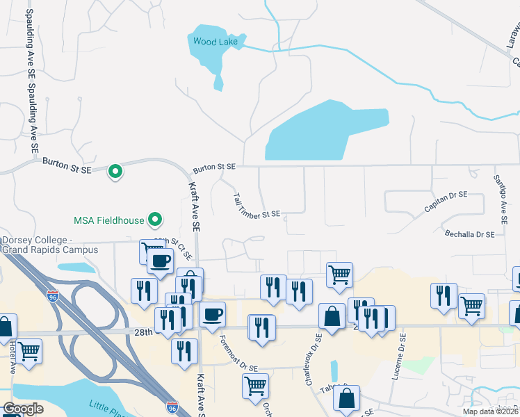 map of restaurants, bars, coffee shops, grocery stores, and more near 5778 Tall Timber Street Southeast in Grand Rapids