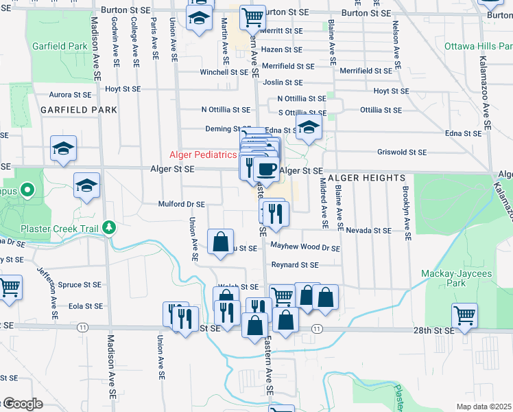 map of restaurants, bars, coffee shops, grocery stores, and more near 726 Mulford Drive Southeast in Grand Rapids