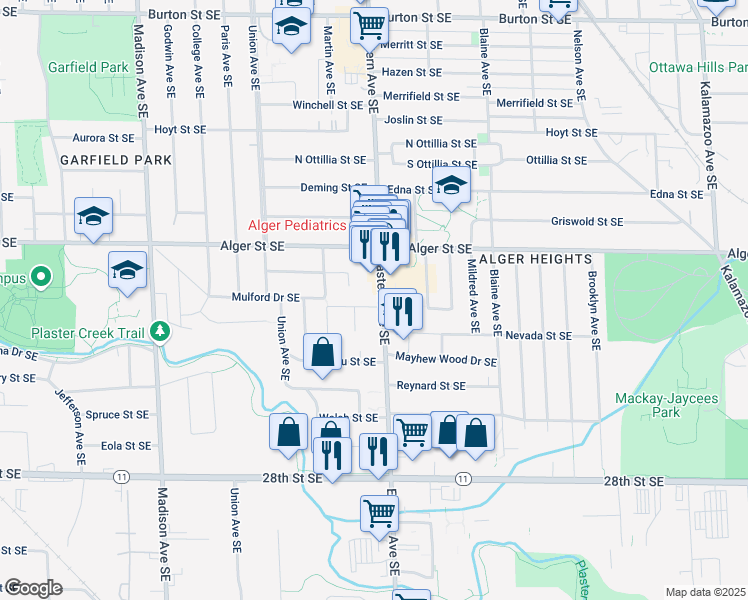 map of restaurants, bars, coffee shops, grocery stores, and more near 726 Mulford Drive Southeast in Grand Rapids