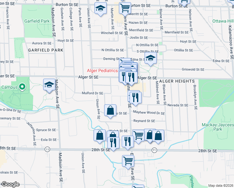map of restaurants, bars, coffee shops, grocery stores, and more near 726 Mulford Drive Southeast in Grand Rapids