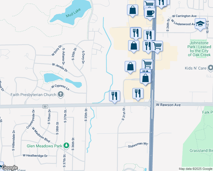 map of restaurants, bars, coffee shops, grocery stores, and more near 7045 South Riverwood Boulevard in Franklin