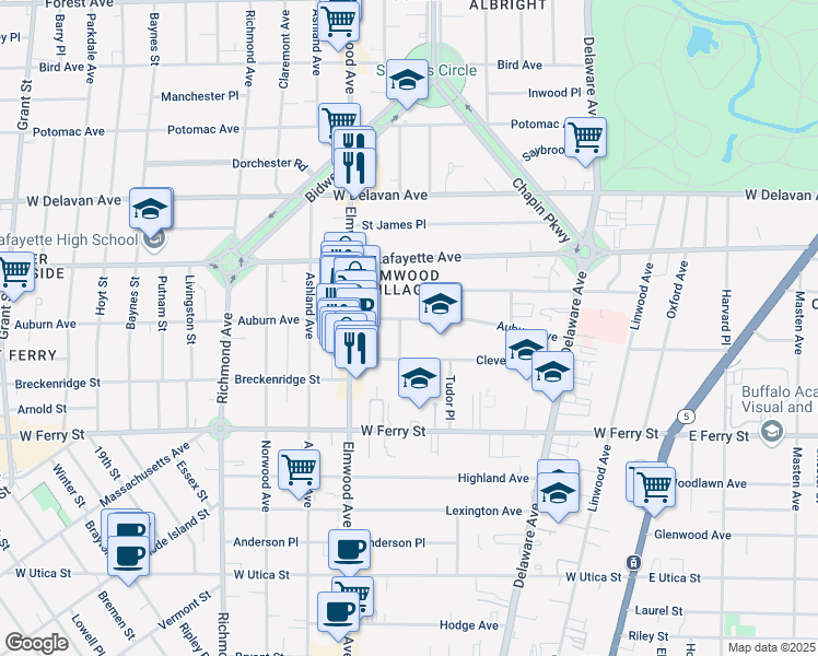 map of restaurants, bars, coffee shops, grocery stores, and more near 699 Auburn Avenue in Buffalo
