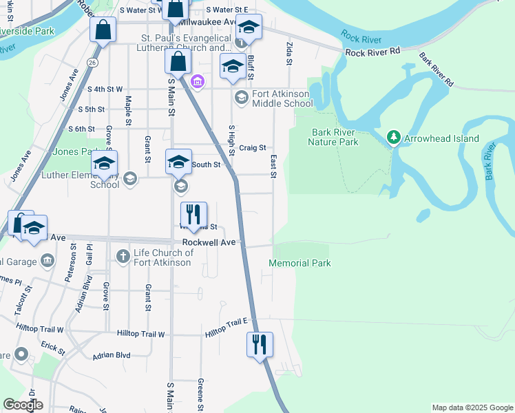 map of restaurants, bars, coffee shops, grocery stores, and more near 414 McKee Court in Fort Atkinson