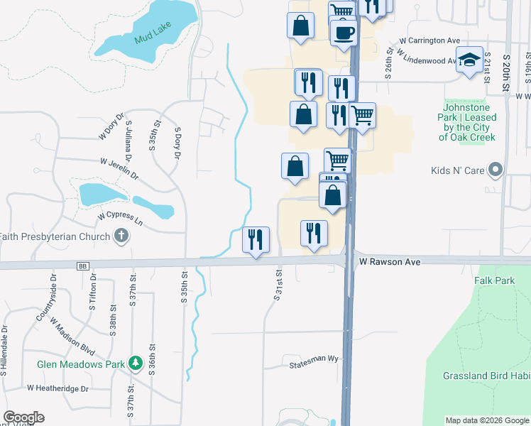 map of restaurants, bars, coffee shops, grocery stores, and more near 7045 South Riverwood Boulevard in Franklin