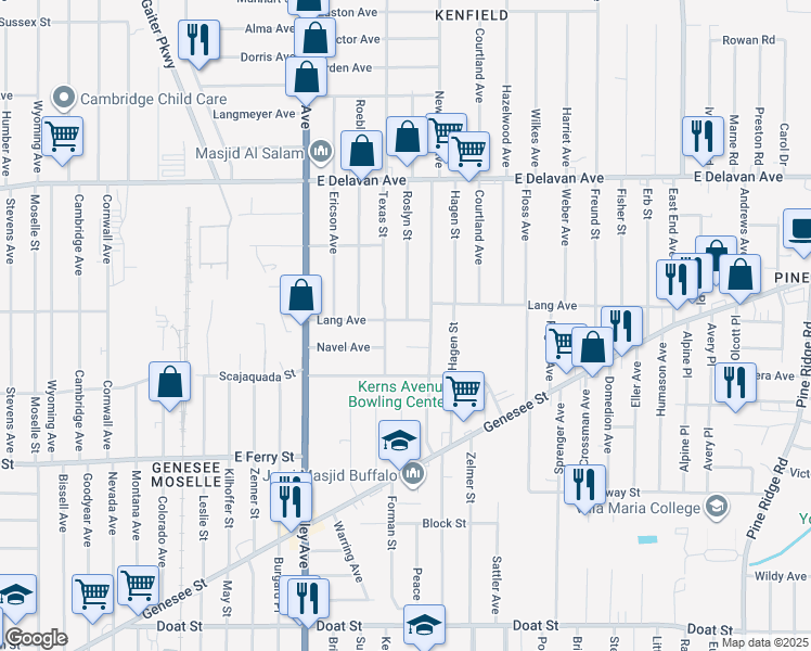 map of restaurants, bars, coffee shops, grocery stores, and more near 25 Audrey Lane in Buffalo