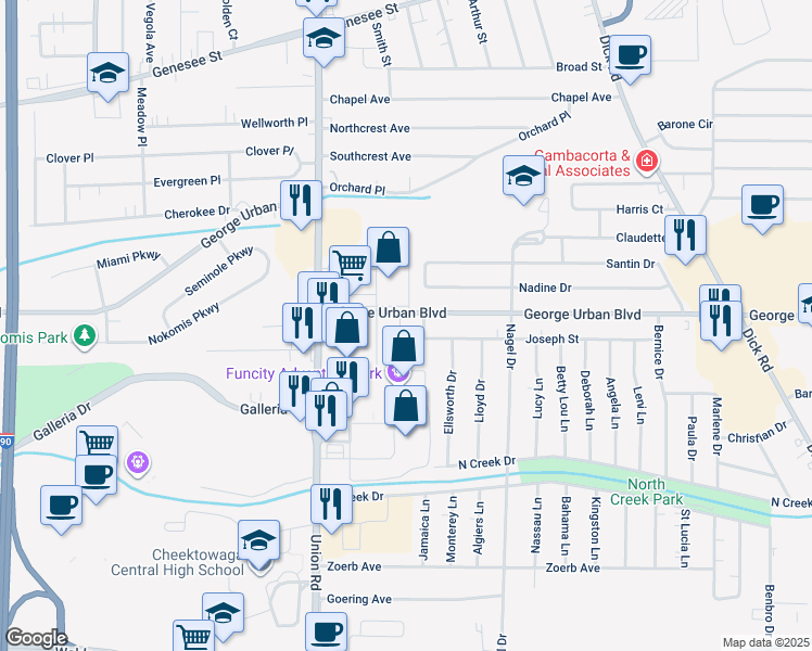 map of restaurants, bars, coffee shops, grocery stores, and more near 207 Arthur Musarra Parkway in Buffalo