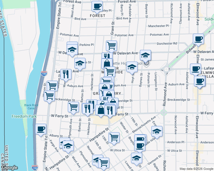 map of restaurants, bars, coffee shops, grocery stores, and more near 260 Auburn Avenue in Buffalo
