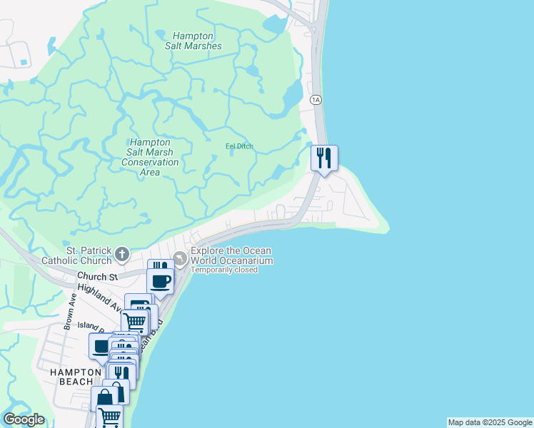map of restaurants, bars, coffee shops, grocery stores, and more near 489 Ocean Boulevard in Hampton