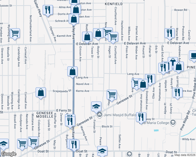 map of restaurants, bars, coffee shops, grocery stores, and more near 25 Audrey Lane in Buffalo