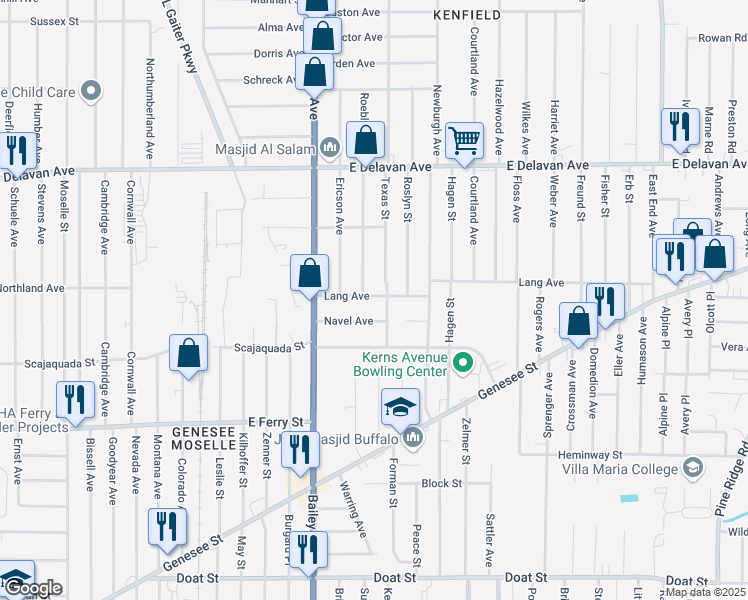 map of restaurants, bars, coffee shops, grocery stores, and more near 56 Navel Avenue in Buffalo