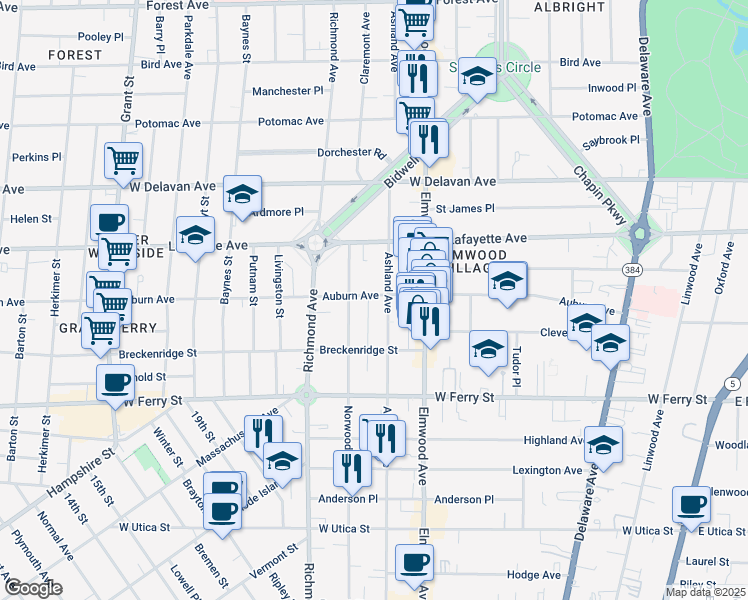 map of restaurants, bars, coffee shops, grocery stores, and more near 480 Ashland Avenue in Buffalo