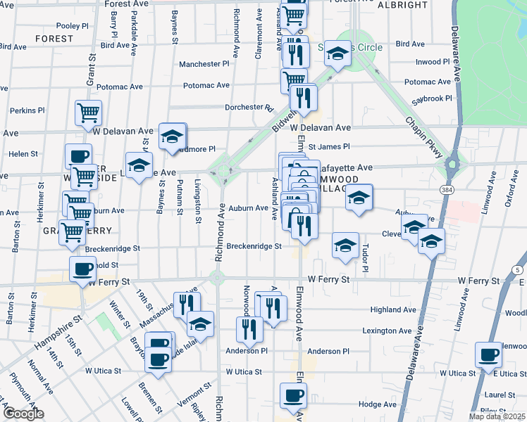 map of restaurants, bars, coffee shops, grocery stores, and more near 480 Ashland Avenue in Buffalo