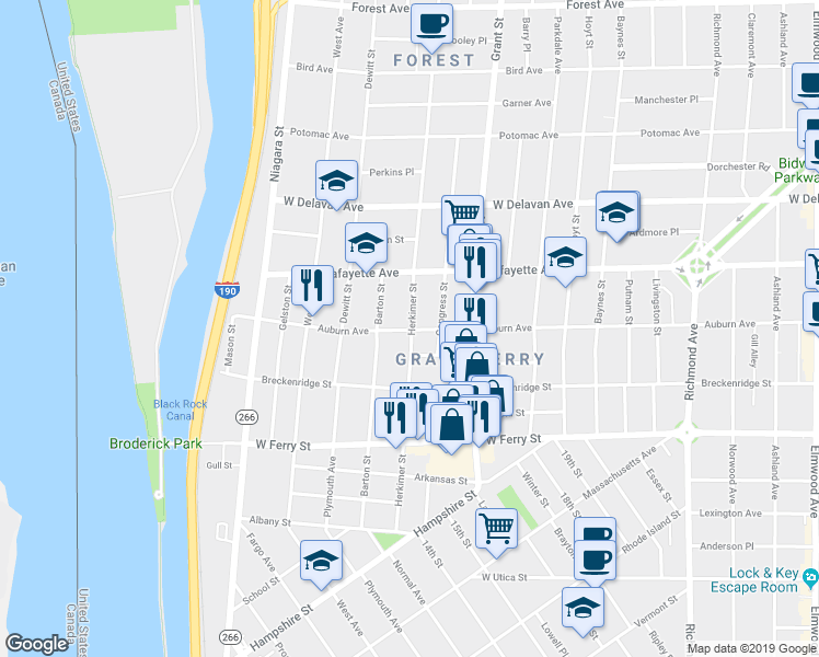 map of restaurants, bars, coffee shops, grocery stores, and more near 191 Herkimer Street in Buffalo