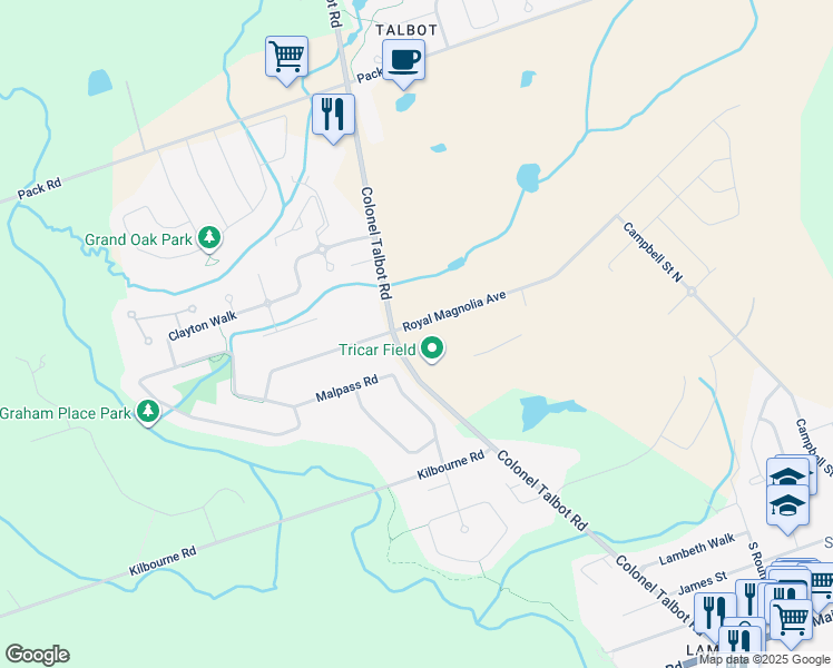 map of restaurants, bars, coffee shops, grocery stores, and more near 6517 Royal Magnolia Avenue in London