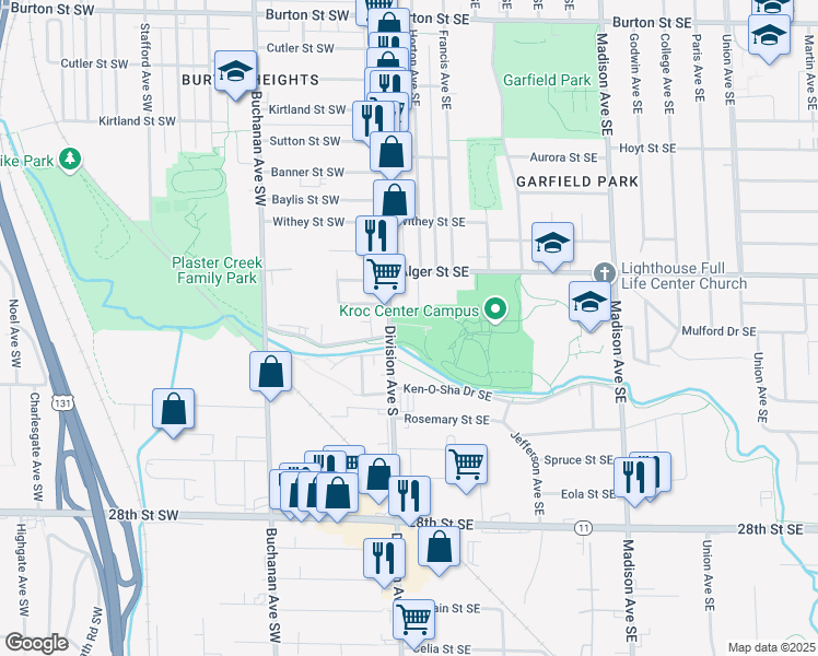 map of restaurants, bars, coffee shops, grocery stores, and more near 2500 Division Avenue South in Grand Rapids