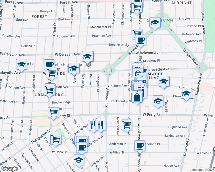 map of restaurants, bars, coffee shops, grocery stores, and more near Richmond Avenue & Auburn Avenue in Buffalo