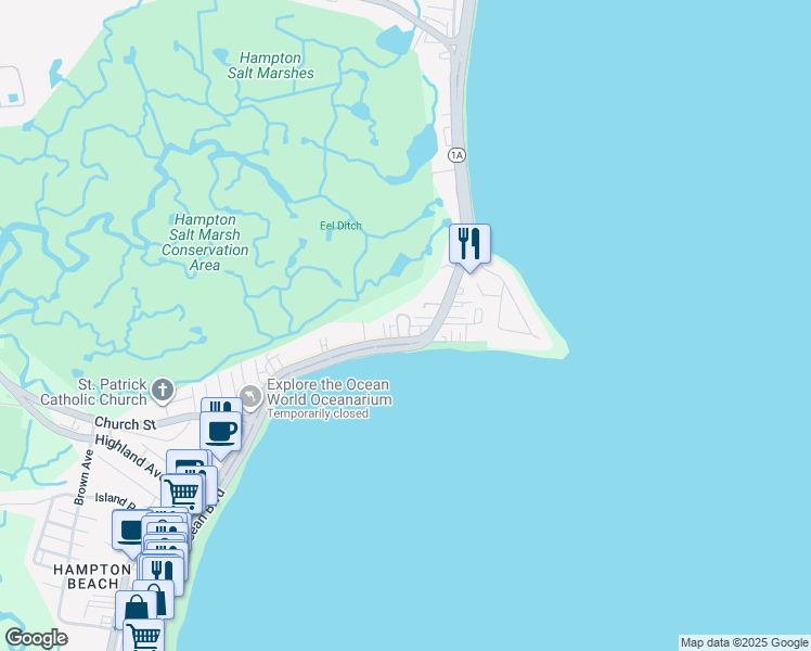 map of restaurants, bars, coffee shops, grocery stores, and more near 489 Ocean Boulevard in Hampton
