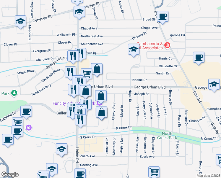 map of restaurants, bars, coffee shops, grocery stores, and more near 19 Wellington Road in Cheektowaga