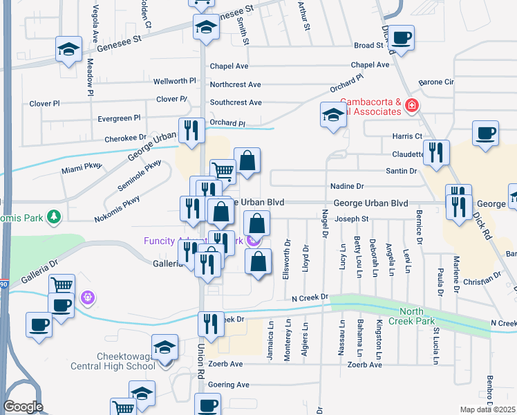 map of restaurants, bars, coffee shops, grocery stores, and more near 19 Wellington Road in Cheektowaga