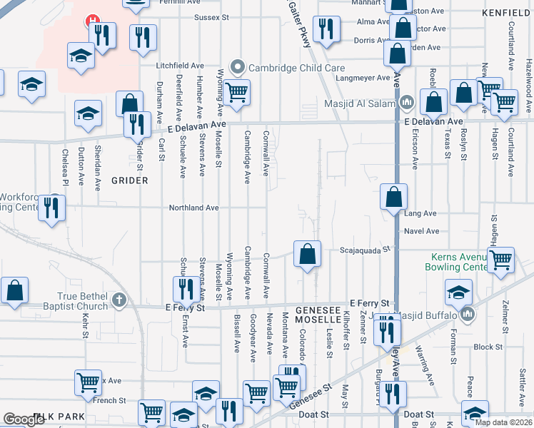 map of restaurants, bars, coffee shops, grocery stores, and more near 110 Cornwall Avenue in Buffalo