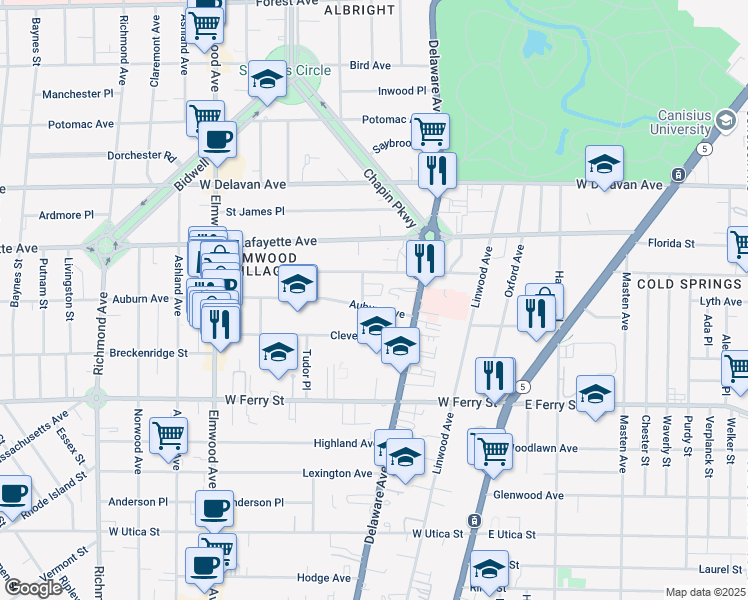map of restaurants, bars, coffee shops, grocery stores, and more near 829 Auburn Avenue in Buffalo