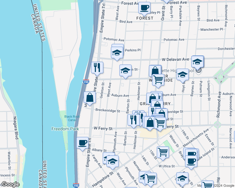 map of restaurants, bars, coffee shops, grocery stores, and more near 39 Dewitt Street in Buffalo