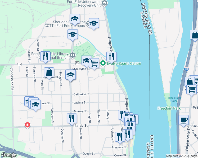 map of restaurants, bars, coffee shops, grocery stores, and more near 110 Stanton Street in Fort Erie