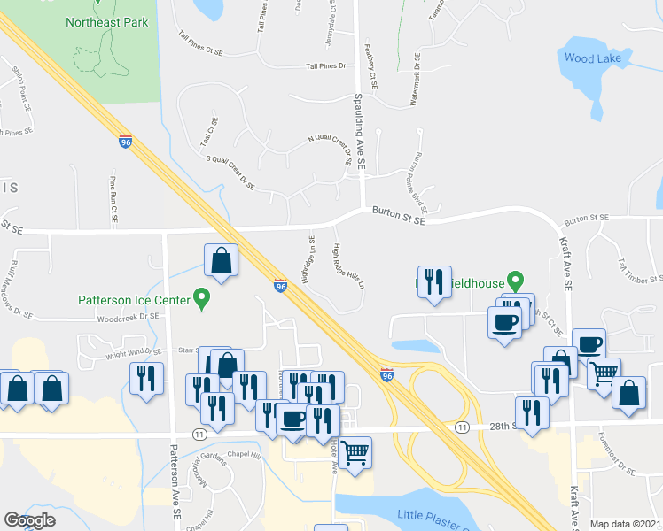 map of restaurants, bars, coffee shops, grocery stores, and more near 2534 Highridge Lane Southeast in Grand Rapids